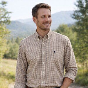 Ralph Lauren Men's Casual Shirt 17/36 Brown Plaid Blake 100% Cotton Embroidered